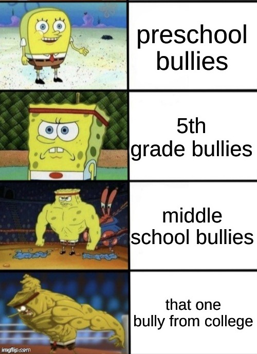 SpongeBob Strength | preschool bullies; 5th grade bullies; middle school bullies; that one bully from college | image tagged in spongebob strength | made w/ Imgflip meme maker