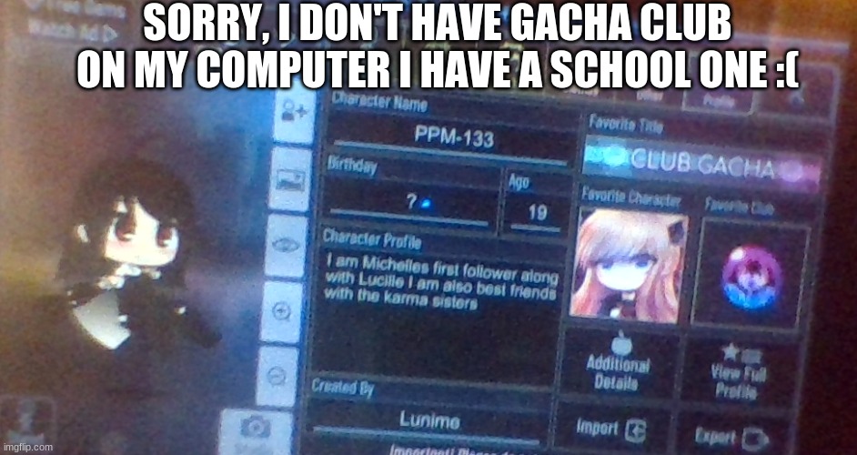 SORRY, I DON'T HAVE GACHA CLUB ON MY COMPUTER I HAVE A SCHOOL ONE :( | image tagged in blank template | made w/ Imgflip meme maker