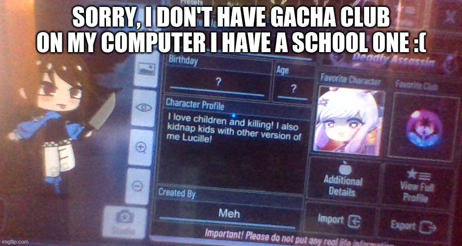 SORRY, I DON'T HAVE GACHA CLUB ON MY COMPUTER I HAVE A SCHOOL ONE :( | image tagged in blank template | made w/ Imgflip meme maker