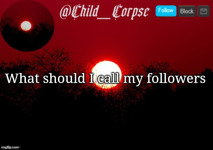 Child_Corpse announcement template | What should I call my followers | image tagged in child_corpse announcement template | made w/ Imgflip meme maker