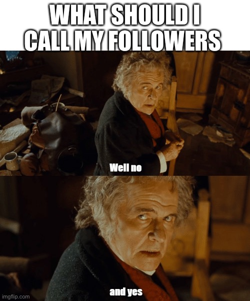 Bilbo Well no and yes | WHAT SHOULD I CALL MY FOLLOWERS | image tagged in bilbo well no and yes | made w/ Imgflip meme maker