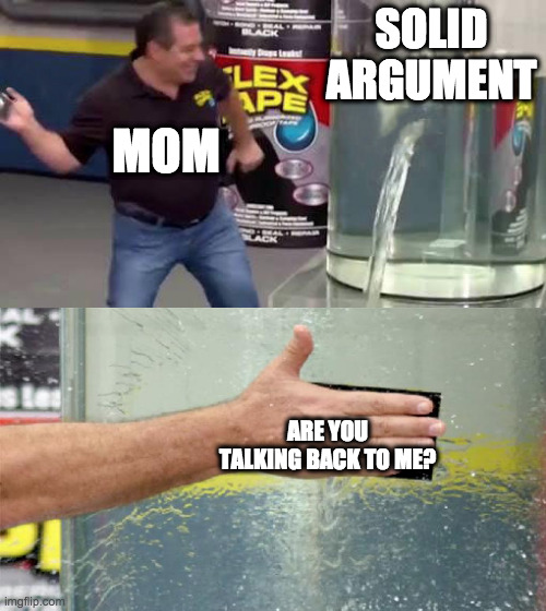 Flex Tape | SOLID ARGUMENT; MOM; ARE YOU TALKING BACK TO ME? | image tagged in flex tape | made w/ Imgflip meme maker