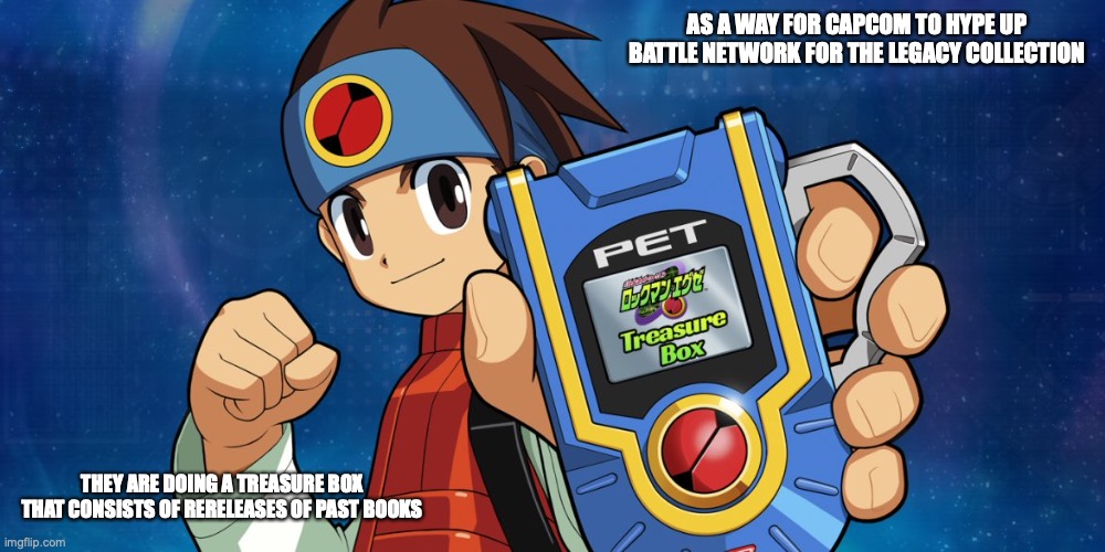MegaMan.EXE Treasure Box | AS A WAY FOR CAPCOM TO HYPE UP BATTLE NETWORK FOR THE LEGACY COLLECTION; THEY ARE DOING A TREASURE BOX THAT CONSISTS OF RERELEASES OF PAST BOOKS | image tagged in megaman,megaman battle network,memes | made w/ Imgflip meme maker