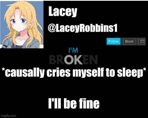 Lacey announcement template | *causally cries myself to sleep*; I'll be fine | image tagged in lacey announcement template | made w/ Imgflip meme maker