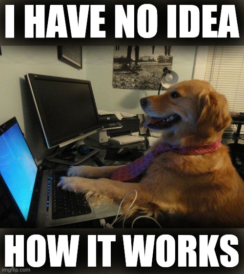 Dog computer | I HAVE NO IDEA HOW IT WORKS | image tagged in dog computer | made w/ Imgflip meme maker