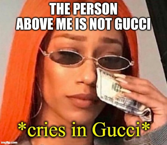 Cries in gucci | THE PERSON ABOVE ME IS NOT GUCCI | image tagged in cries in gucci | made w/ Imgflip meme maker