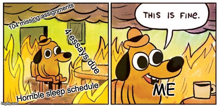;( | 104 missing assignments; 4 essays due; ME; Horrible sleep schedule | image tagged in memes,this is fine | made w/ Imgflip meme maker