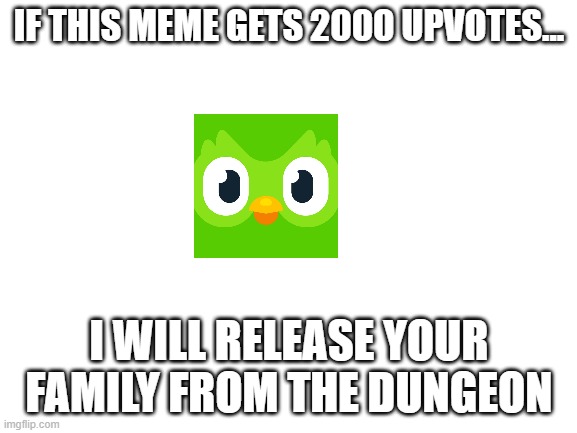 You better do it | IF THIS MEME GETS 2000 UPVOTES... I WILL RELEASE YOUR FAMILY FROM THE DUNGEON | image tagged in blank white template | made w/ Imgflip meme maker