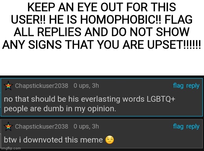 HOMOPHOBIA (Mod note: Thank you!) | KEEP AN EYE OUT FOR THIS USER!! HE IS HOMOPHOBIC!! FLAG ALL REPLIES AND DO NOT SHOW ANY SIGNS THAT YOU ARE UPSET!!!!!! | image tagged in homophobic | made w/ Imgflip meme maker