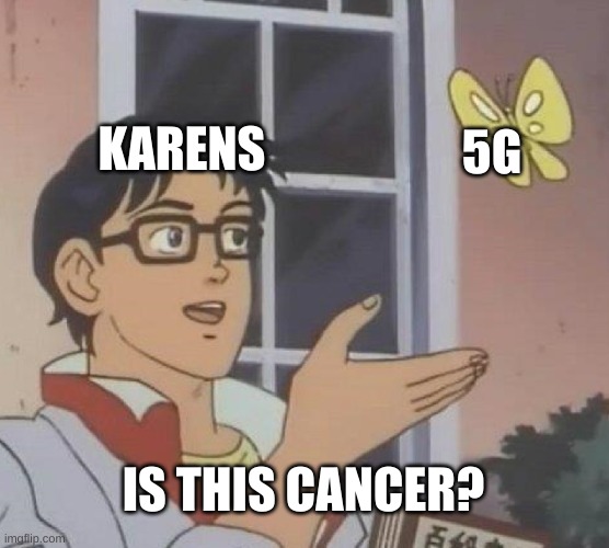 Is This A Pigeon | KARENS; 5G; IS THIS CANCER? | image tagged in memes,is this a pigeon | made w/ Imgflip meme maker