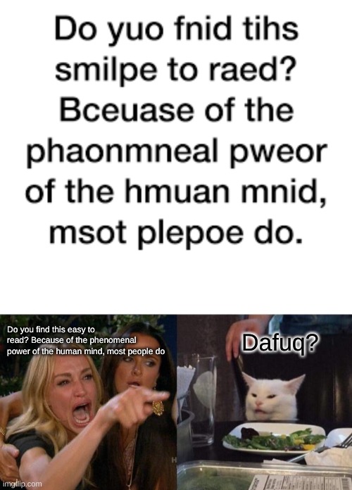 Do you find this easy to read? Because of the phenomenal power of the human mind, most people do; Dafuq? | image tagged in memes,woman yelling at cat,crazy puzzle | made w/ Imgflip meme maker