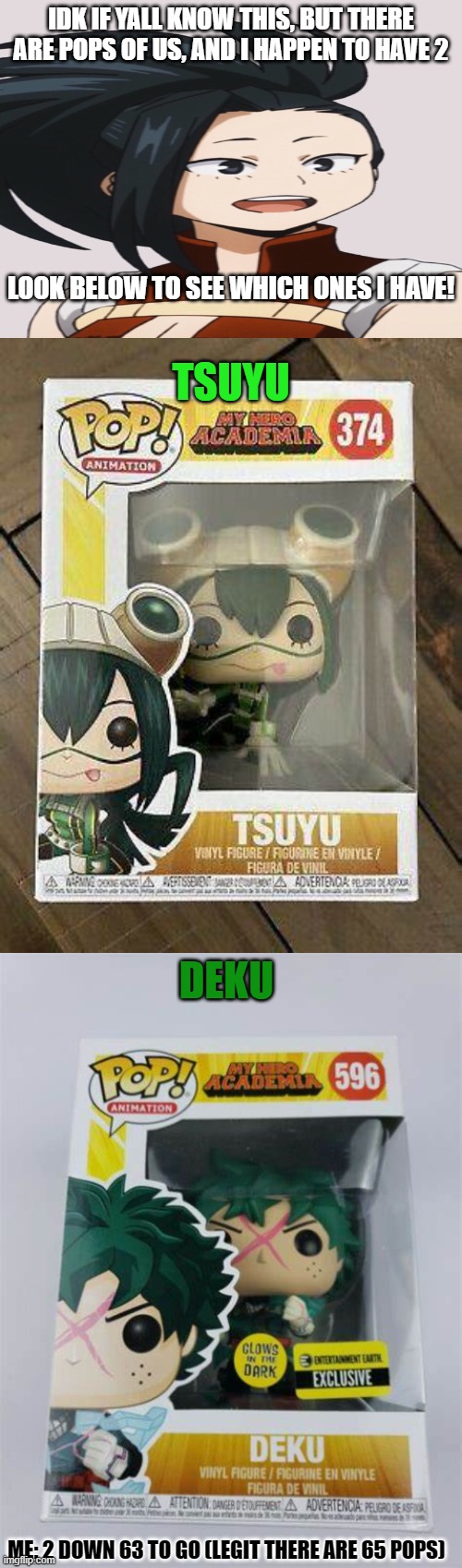 why so many pops??? | IDK IF YALL KNOW THIS, BUT THERE ARE POPS OF US, AND I HAPPEN TO HAVE 2; LOOK BELOW TO SEE WHICH ONES I HAVE! TSUYU; DEKU; ME: 2 DOWN 63 TO GO (LEGIT THERE ARE 65 POPS) | image tagged in memes | made w/ Imgflip meme maker