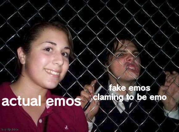 Gerard Way fence | fake emos claming to be emo; actual emos | image tagged in gerard way fence | made w/ Imgflip meme maker