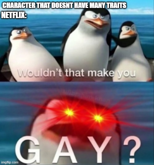 Wouldn't that make you gay | CHARACTER THAT DOESNT HAVE MANY TRAITS; NETFLIX: | image tagged in wouldn't that make you gay | made w/ Imgflip meme maker