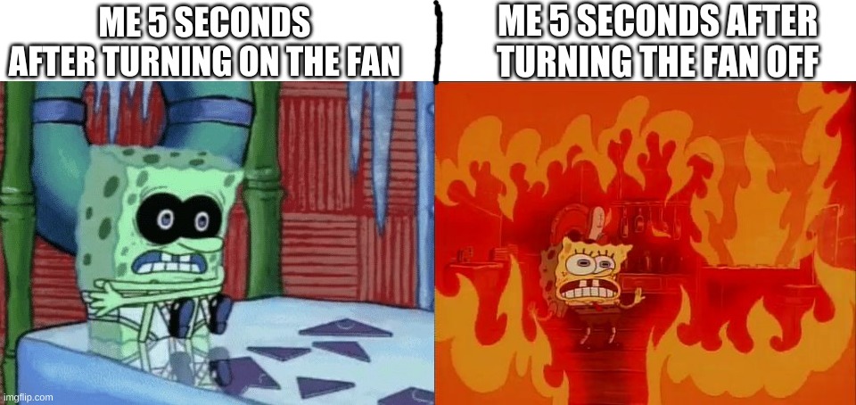 The Fan | ME 5 SECONDS AFTER TURNING THE FAN OFF; ME 5 SECONDS AFTER TURNING ON THE FAN | image tagged in spongebob cold hot,spongebob,relatable,memes,funny | made w/ Imgflip meme maker