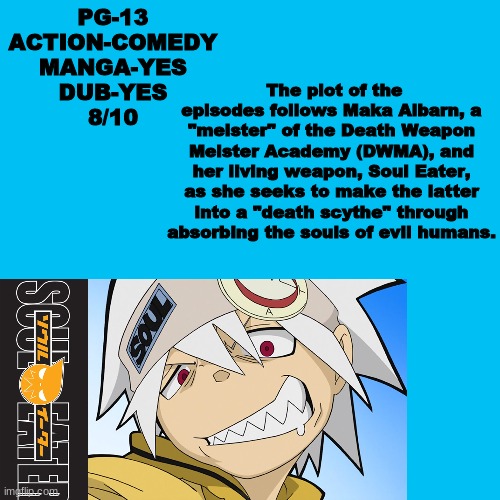 its very good! | The plot of the episodes follows Maka Albarn, a "meister" of the Death Weapon Meister Academy (DWMA), and her living weapon, Soul Eater, as she seeks to make the latter into a "death scythe" through absorbing the souls of evil humans. PG-13
ACTION-COMEDY
MANGA-YES
DUB-YES
8/10 | image tagged in memes,blank transparent square | made w/ Imgflip meme maker