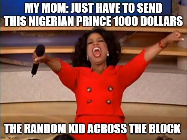Oprah You Get A Meme | MY MOM: JUST HAVE TO SEND THIS NIGERIAN PRINCE 1000 DOLLARS; THE RANDOM KID ACROSS THE BLOCK | image tagged in memes,oprah you get a | made w/ Imgflip meme maker