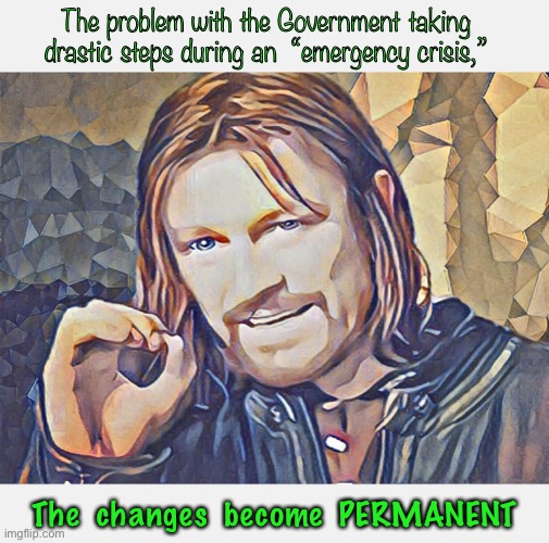 Permanent Emergency  ~  (neverwoke) | The problem with the Government taking drastic steps during an  “emergency crisis,”; The  changes  become  PERMANENT | image tagged in covid,lockdowns,cris,voting changrs,rights,stimulus | made w/ Imgflip meme maker