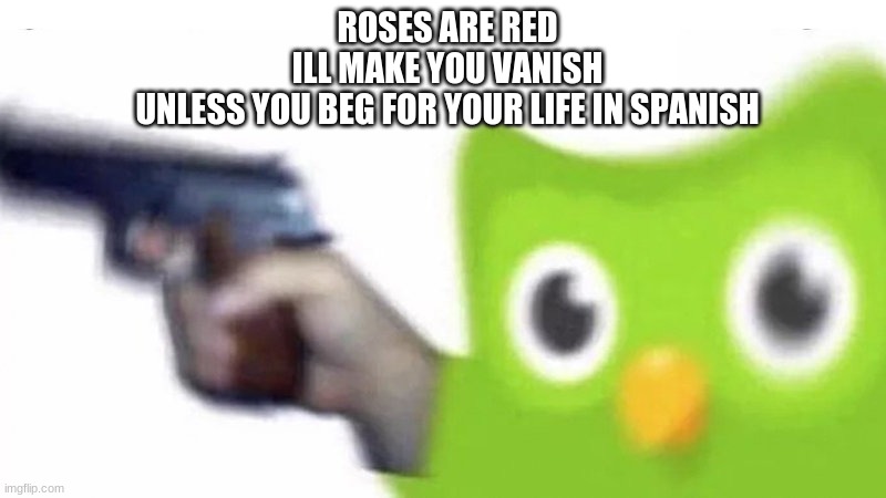 Duolingo dont likey | ROSES ARE RED
ILL MAKE YOU VANISH
UNLESS YOU BEG FOR YOUR LIFE IN SPANISH | image tagged in duolingo gun,hahaha,lol so funny | made w/ Imgflip meme maker