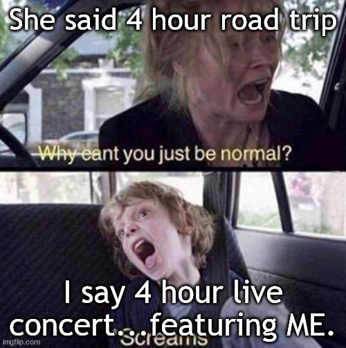 Road Trip | She said 4 hour road trip; I say 4 hour live concert...featuring ME. | image tagged in why can't you just be normal,road trip | made w/ Imgflip meme maker