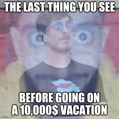 mr b east be like | THE LAST THING YOU SEE; BEFORE GOING ON A 10,000$ VACATION | image tagged in bad luck brian | made w/ Imgflip meme maker