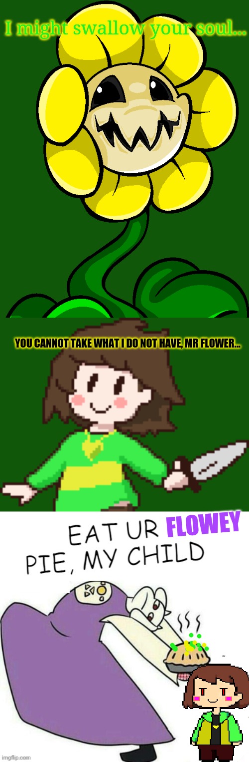 Flowey vs Chara | I might swallow your soul... YOU CANNOT TAKE WHAT I DO NOT HAVE, MR FLOWER... FLOWEY | image tagged in undertale,flowey,vs,chara,undertale - toriel,free pies | made w/ Imgflip meme maker