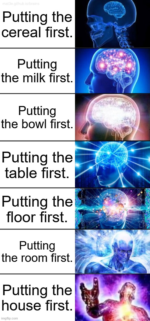 What do you put first? | Putting the cereal first. Putting the milk first. Putting the bowl first. Putting the table first. Putting the floor first. Putting the room first. Putting the house first. | image tagged in 7-tier expanding brain,memes | made w/ Imgflip meme maker
