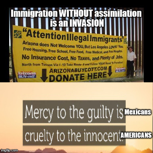 Immigration ...BS..It's an INVASION | Mexicans; AMERICANS | image tagged in mercy to the guilty,cruelty to the innocent,immigration ruse,legal immigration only | made w/ Imgflip meme maker