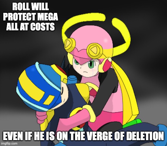 Roll Clutches Mega | ROLL WILL PROTECT MEGA ALL AT COSTS; EVEN IF HE IS ON THE VERGE OF DELETION | image tagged in megaman,megaman battle network,memes | made w/ Imgflip meme maker