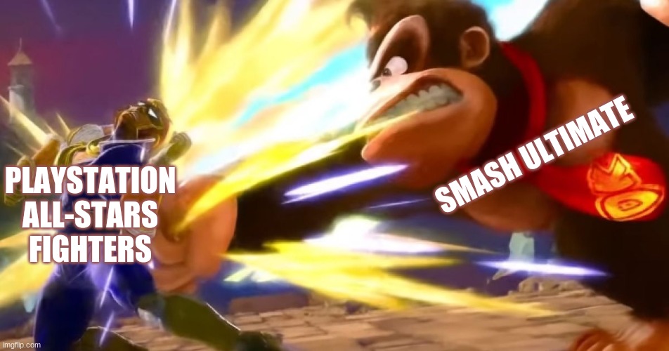 Smash Bros Vs. PlayStation Smash(I Did Not Make This Template) | SMASH ULTIMATE; PLAYSTATION ALL-STARS FIGHTERS | image tagged in dk vs captain falcon,smash bros,smash ultimate,playstation smash | made w/ Imgflip meme maker