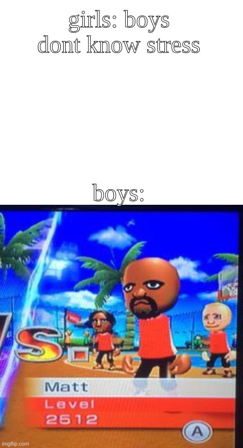 He is so darn tough | girls: boys dont know stress; boys: | image tagged in matt,wii sports,oof,bruh,meme,memes | made w/ Imgflip meme maker