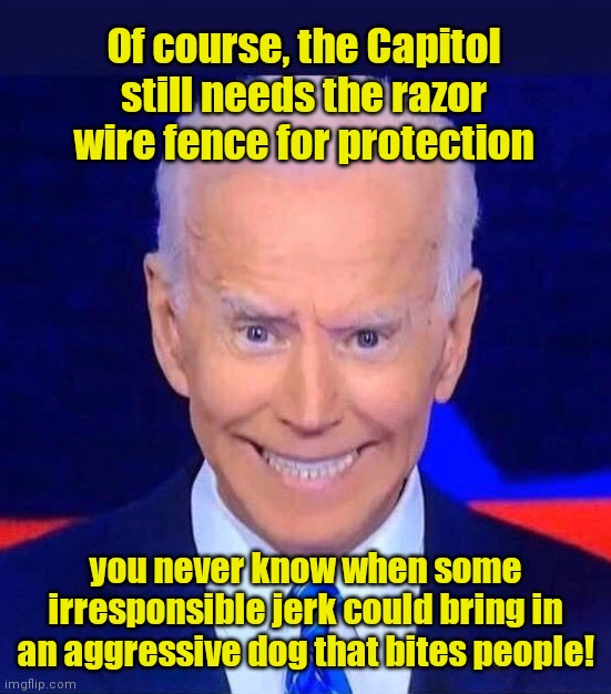 Joe Biden on Capitol security | Of course, the Capitol still needs the razor wire fence for protection; you never know when some irresponsible jerk could bring in an aggressive dog that bites people! | image tagged in creepy smiling joe biden,joe bidens dog major,major bites secret security agent,capitol razor wire fence,political humor | made w/ Imgflip meme maker