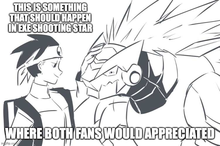 Lan and Omega-Xis | THIS IS SOMETHING THAT SHOULD HAPPEN IN EXE SHOOTING STAR; WHERE BOTH FANS WOULD APPRECIATED | image tagged in megaman,megaman battle network,megaman star force,lan hikari,memes | made w/ Imgflip meme maker