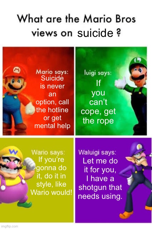 making another one of these | suicide; Suicide is never an option, call the hotline or get mental help; If you can’t cope, get the rope; If you’re gonna do it, do it in style, like Wario would! Let me do it for you, I have a shotgun that needs using. | image tagged in memes,funny,mario bros views,suicide | made w/ Imgflip meme maker