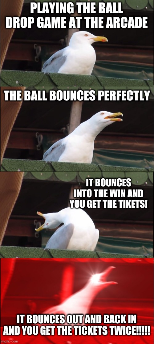 Inhaling Seagull | PLAYING THE BALL DROP GAME AT THE ARCADE; THE BALL BOUNCES PERFECTLY; IT BOUNCES INTO THE WIN AND YOU GET THE TIKETS! IT BOUNCES OUT AND BACK IN AND YOU GET THE TICKETS TWICE!!!!! | image tagged in memes,inhaling seagull | made w/ Imgflip meme maker