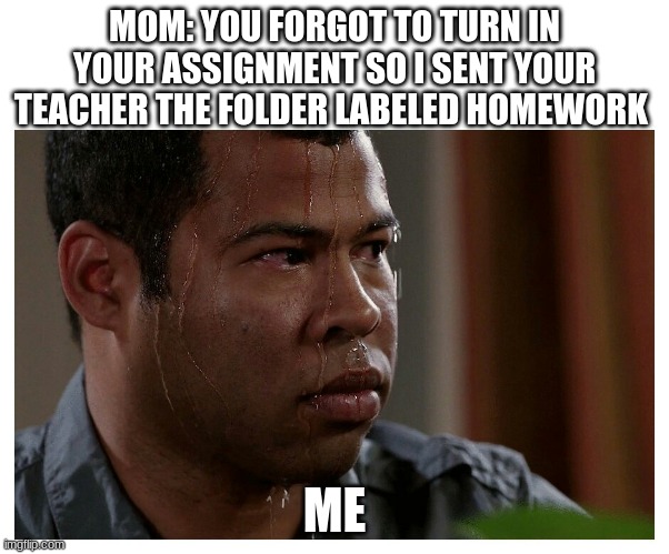 That wasn't homework | MOM: YOU FORGOT TO TURN IN YOUR ASSIGNMENT SO I SENT YOUR TEACHER THE FOLDER LABELED HOMEWORK; ME | image tagged in sweating bullets,funny | made w/ Imgflip meme maker
