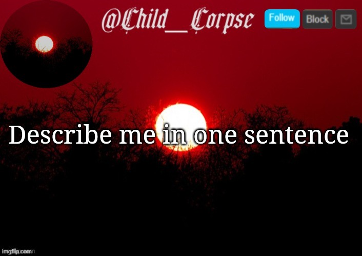 Child_Corpse announcement template | Describe me in one sentence | image tagged in child_corpse announcement template | made w/ Imgflip meme maker