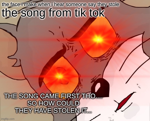I should slap them... | the face i make when i hear someone say they stole; the song from tik tok; THE SONG CAME FIRST THO....
SO HOW COULD THEY HAVE STOLEN IT... | image tagged in unsettled tom | made w/ Imgflip meme maker