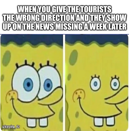 Guess they are gone forever | WHEN YOU GIVE THE TOURISTS THE WRONG DIRECTION AND THEY SHOW UP ON THE NEWS MISSING A WEEK LATER | image tagged in memes,spongebob | made w/ Imgflip meme maker