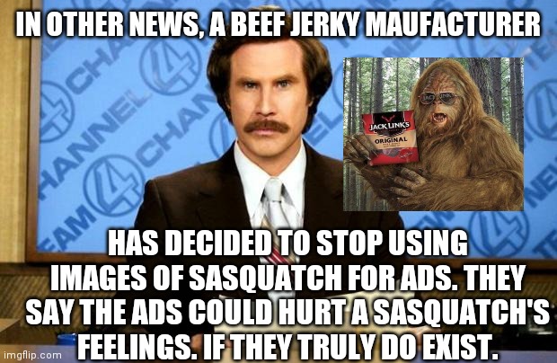 BREAKING NEWS | IN OTHER NEWS, A BEEF JERKY MAUFACTURER; HAS DECIDED TO STOP USING IMAGES OF SASQUATCH FOR ADS. THEY SAY THE ADS COULD HURT A SASQUATCH'S FEELINGS. IF THEY TRULY DO EXIST. | image tagged in breaking news | made w/ Imgflip meme maker