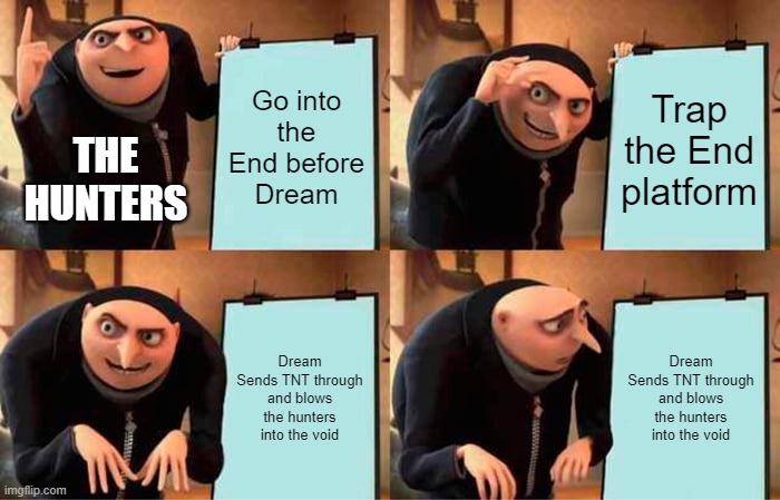 Gru's Plan Meme | Go into the End before Dream; Trap the End platform; THE HUNTERS; Dream Sends TNT through and blows the hunters into the void; Dream Sends TNT through and blows the hunters into the void | image tagged in memes,gru's plan | made w/ Imgflip meme maker