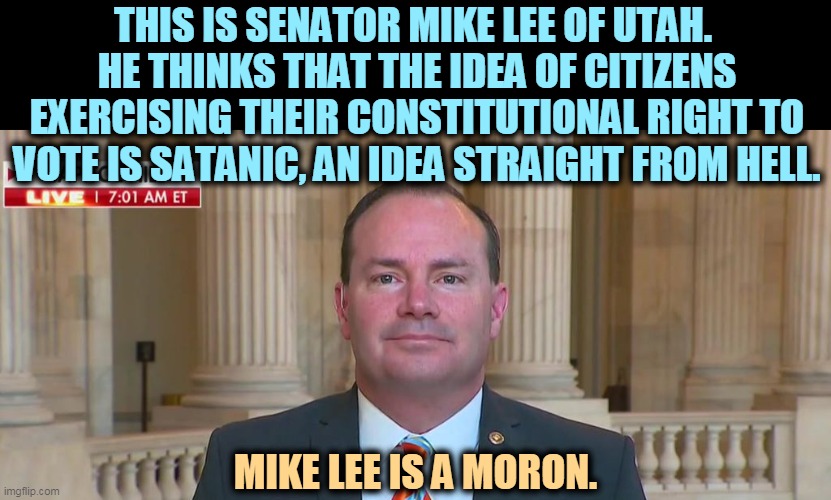 Nonwhite voters trigger this conservative num-num. | THIS IS SENATOR MIKE LEE OF UTAH. 
HE THINKS THAT THE IDEA OF CITIZENS EXERCISING THEIR CONSTITUTIONAL RIGHT TO VOTE IS SATANIC, AN IDEA STRAIGHT FROM HELL. MIKE LEE IS A MORON. | image tagged in vote,rights,triggered,conservative,moron | made w/ Imgflip meme maker