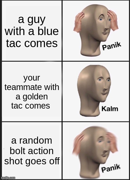 Panik Kalm Panik Meme | a guy with a blue tac comes; your teammate with a golden tac comes; a random bolt action shot goes off | image tagged in memes,panik kalm panik | made w/ Imgflip meme maker