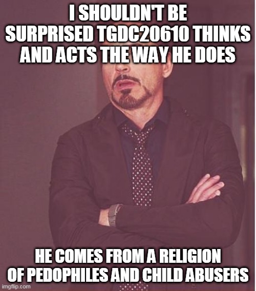 TGDC20610 The Hypocritical | I SHOULDN'T BE SURPRISED TGDC20610 THINKS AND ACTS THE WAY HE DOES; HE COMES FROM A RELIGION OF PEDOPHILES AND CHILD ABUSERS | image tagged in memes,face you make robert downey jr,tgdc20610,catholic,pedophile,child abuse | made w/ Imgflip meme maker