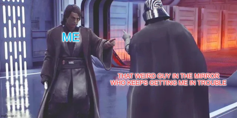 like who is that | ME; THAT WEIRD GUY IN THE MIRROR WHO KEEPS GETTING ME IN TROUBLE | image tagged in anakin vs darth vader | made w/ Imgflip meme maker