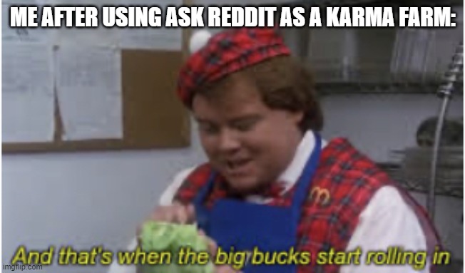 reddit meme | ME AFTER USING ASK REDDIT AS A KARMA FARM: | image tagged in and that s when the big bucks start rolling in | made w/ Imgflip meme maker
