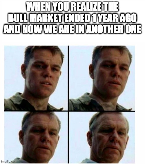 Matt Damon gets older | WHEN YOU REALIZE THE BULL MARKET ENDED 1 YEAR AGO AND NOW WE ARE IN ANOTHER ONE | image tagged in matt damon gets older | made w/ Imgflip meme maker