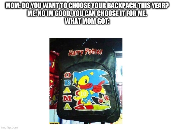 MOM WTF??!! | MOM: DO YOU WANT TO CHOOSE YOUR BACKPACK THIS YEAR?
ME: NO IM GOOD, YOU CAN CHOOSE IT FOR ME.
WHAT MOM GOT: | image tagged in blank white template | made w/ Imgflip meme maker