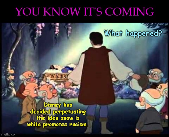 Cancel Culture target just ahead | YOU KNOW IT'S COMING; What happened? Disney has decided perpetuating the idea snow is white promotes racism. | image tagged in snow white's death,disney,cancel culture,stupid liberals,political correctness,out of control | made w/ Imgflip meme maker