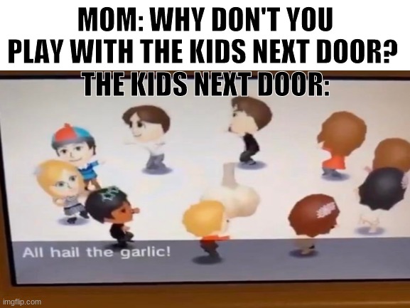 MOM: WHY DON'T YOU PLAY WITH THE KIDS NEXT DOOR? 
THE KIDS NEXT DOOR: | image tagged in all hail the garlic | made w/ Imgflip meme maker